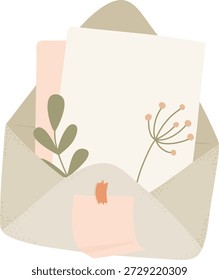 Envelope holding stationery with leaf sprig and seed head, soft shapes and clean lines. Symbol of message, greeting, invitation, and correspondence. Cartoon vector illustration.
