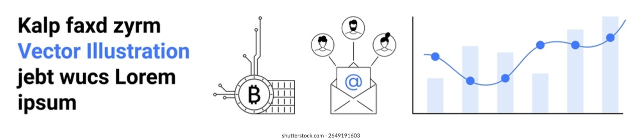 Envelope with human icons and email symbol, circular network interface with B symbol, blue line graph with bar chart, Vector Illustration text. Ideal for business, marketing, networking, analytics
