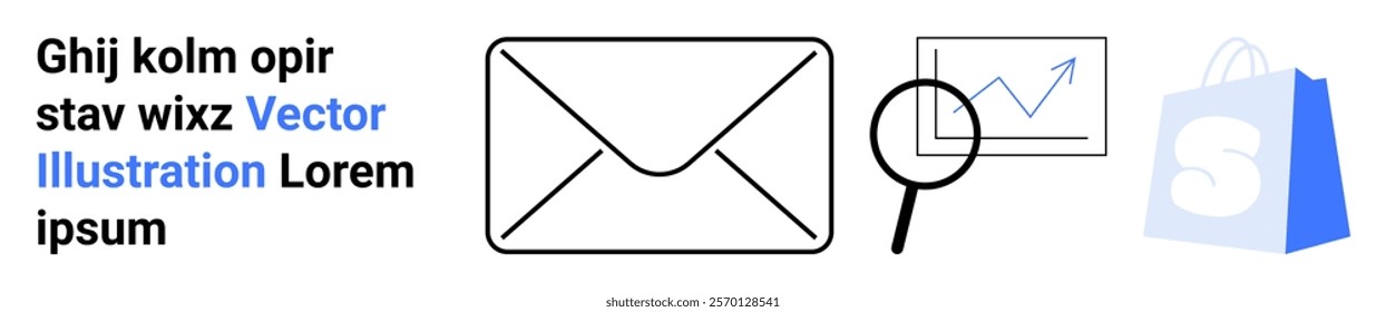 Envelope icon alongside a magnifying glass focused on a chart and a shopping bag silhouette. Ideal for email marketing, data analysis, e-commerce, online shopping, and digital communication