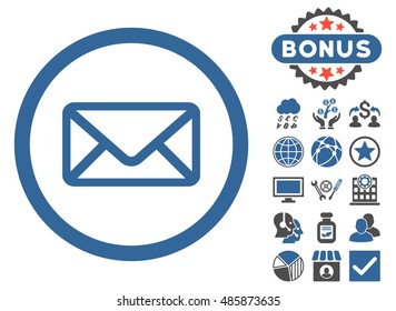 Envelope icon with bonus images. Vector illustration style is flat iconic bicolor symbols, cobalt and gray colors, white background.