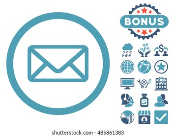 Envelope icon with bonus pictures. Vector illustration style is flat iconic bicolor symbols, cyan and blue colors, white background.