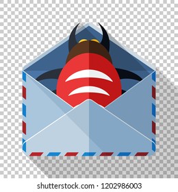 Envelope Icon With Bug Inside In Flat Style With Long Shadow On Transparent Background. Concept Of An Email With A Malicious Attachment