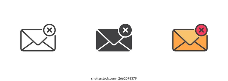 Icono de sobre con insignia de marca cruzada en línea, estilo de contorno sólido y relleno. Representa el ícono de mensaje de correo electrónico con errores, no entregado o con errores, paquete de símbolos de Vector.