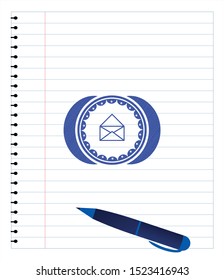 envelope icon emblem drawn with pen. Blue ink. Vector Illustration. Detailed.