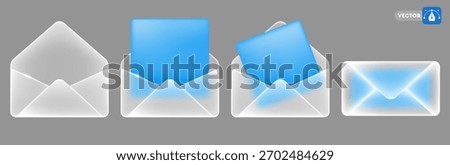Envelope icon with glass morphism effect. 3D Modern envelopes set, open, sealed, empty, with blue paper sheet. Matte transparent glass with sparkling edges. Frosted glass effect. Vector illustration