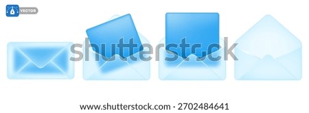 Envelope icon with glass morphism effect. 3D Modern envelopes set, open, sealed, empty, with blue paper sheet. Matte transparent glass with sparkling edges. Frosted glass effect. Vector illustration