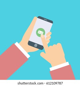 Envelope icon. Hands holding smartphone with mail icon on screen.