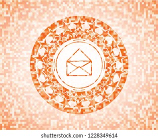 envelope icon inside abstract emblem, orange mosaic background