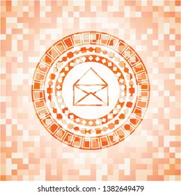 envelope icon inside abstract emblem, orange mosaic background