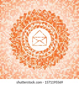 envelope icon inside abstract emblem, orange mosaic background