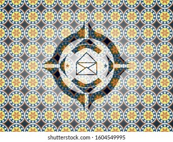 envelope icon inside arabesque emblem background. arabic decoration.