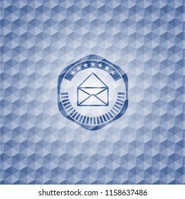 envelope icon inside blue emblem or badge with abstract geometric polygonal pattern background.