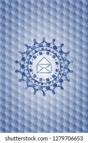 envelope icon inside blue emblem with geometric background.
