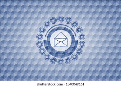 envelope icon inside blue emblem with geometric background.