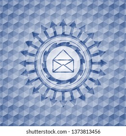 envelope icon inside blue emblem or badge with abstract geometric pattern background.