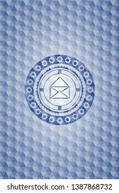 envelope icon inside blue emblem or badge with abstract geometric polygonal pattern background.