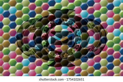 envelope icon inside Colorful candy multicolored badge. Hexagon chic background. Illustration. 