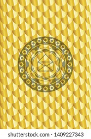 envelope icon inside gold badge. Scales pattern. Vector Illustration. Detailed.