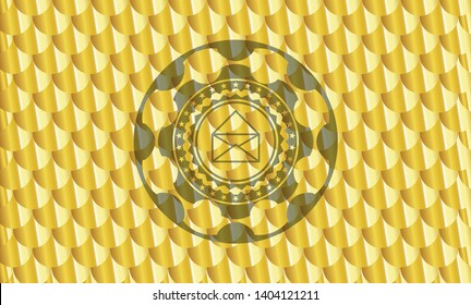 envelope icon inside golden emblem. Scales pattern. Vector Illustration. Detailed.