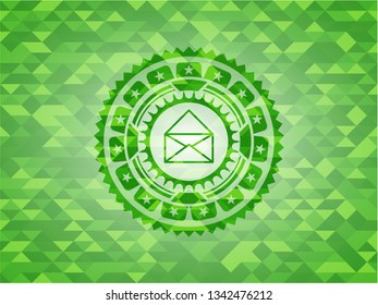 envelope icon inside green emblem. Mosaic background