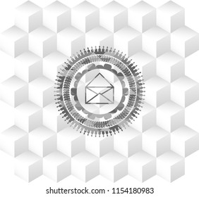 envelope icon inside grey badge with geometric cube white background