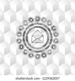 envelope icon inside grey badge with geometric cube white background
