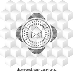 envelope icon inside grey badge with geometric cube white background