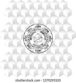 envelope icon inside grey badge with geometric cube white background