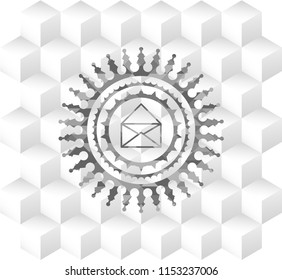 envelope icon inside grey emblem with geometric cube white background