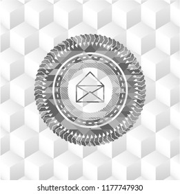 envelope icon inside grey emblem. Vintage with geometric cube white background