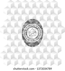envelope icon inside grey emblem. Retro with geometric cube white background