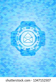 envelope icon inside light blue emblem with mosaic ecological style background