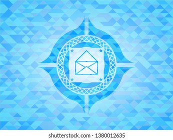 envelope icon inside light blue emblem with mosaic ecological style background