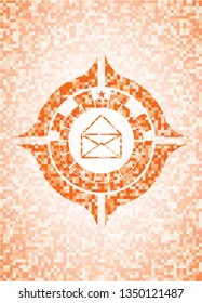 envelope icon inside orange tile background illustration. Square geometric mosaic seamless pattern with emblem inside.