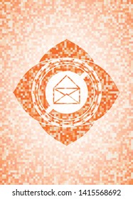 envelope icon inside orange tile background illustration. Square geometric mosaic seamless pattern with emblem inside.