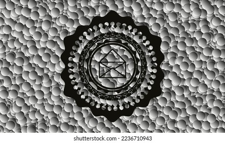 envelope icon inside realistic black emblem with grey bubbles background. Vector Illustration. Detailed. 