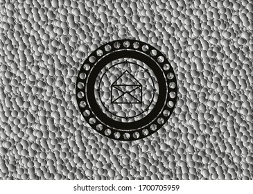 envelope icon inside realistic dark emblem with grey bubbles background. Vector Illustration. Detailed.