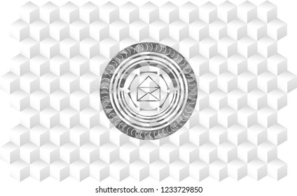 envelope icon inside realistic grey emblem with cube white background