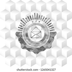 envelope icon inside realistic grey emblem with cube white background