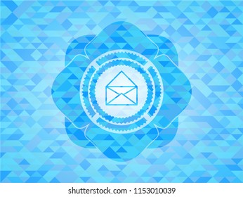 envelope icon inside realistic light blue emblem. Mosaic background