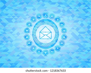 envelope icon inside realistic light blue mosaic emblem