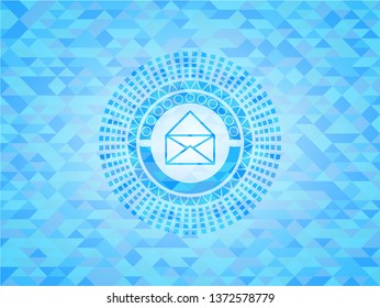 envelope icon inside realistic light blue emblem. Mosaic background