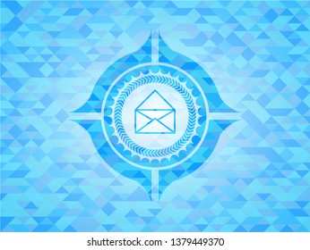envelope icon inside realistic light blue emblem. Mosaic background
