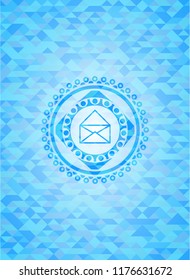 envelope icon inside realistic sky blue emblem. Mosaic background