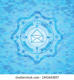 envelope icon inside realistic sky blue emblem. Mosaic background