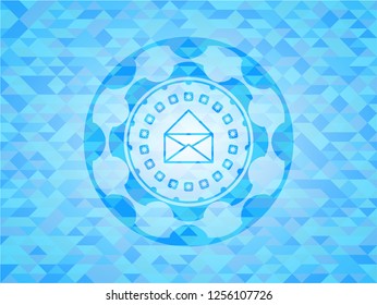 envelope icon inside sky blue emblem with triangle mosaic background
