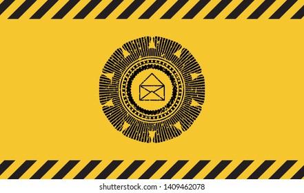 envelope icon inside warning sign, black grunge emblem. Vector Illustration. Detailed.