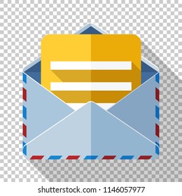 Envelope icon with a letter in flat style and long shadow on transparent background