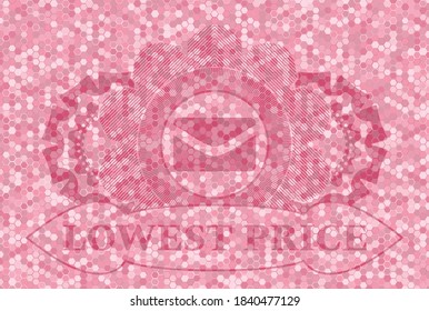 envelope icon and lowest price text pink tile mosaic style pattern realistic emblem. Geometric hexagon handsome background. Intense illustration. 