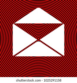 Envelope icon. Mail sign. Vector. White icon on red and black radial pattern as background. Isolated.